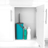 Teal mop bucket with handle and bottles of cleaning product under kitchen sink