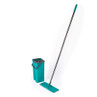 Teal flat mop with matching bucket shown on white background, cleaning product.
