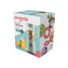 Jug blender in sage green on packaging box, shown with fruit smoothie ingredients.