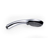 Chrome handheld shower head with multiple spray nozzles, shown side view.