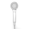 Silver handheld shower head with hose, shown front facing on white background