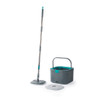 Grey flat mop set with bucket and two round mop heads on a white background