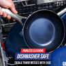 Blue non-stick frying pan in dishwasher, highlighting dishwasher safe feature.