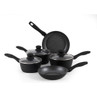 Set of five black non-stick saucepans and frying pans with glass lids, shown on white background