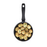 Non-stick saucepan with boiled baby potatoes and herbs, shown from above.