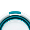 Close-up of turquoise and white collapsible washing up bowl handle
