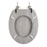 Grey wood effect toilet seat, oval shape, shown from above with metal hinges.