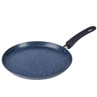 Blue non-stick crepe pan with black handle on white background