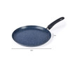 Blue non-stick pancake pan with black handle, measures 25cm wide and 2cm deep