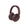 Brown over-ear wireless headphones with cushioned ear pads, angled front view