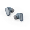 Pair of blue wireless earbuds with grey ear tips, shown at angle on white background