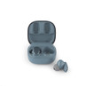 Blue wireless earbuds with charging case, one earbud shown outside the case