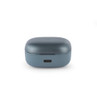 Blue wireless earbud charging case, USB-C port facing forward