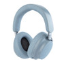 Light blue over-ear wireless headphones with fabric ear cushions, side view