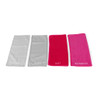 Set of four labelled cleaning cloths for kitchen, glass, dust, and bathroom in grey, red, and pink.
