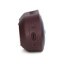 Side view of a red portable Bluetooth speaker showing charging port.