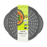Grey marble-effect non-stick 37cm pizza and chip tray with holes, in retail packaging.