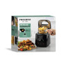 Compact black deep fat fryer packaging showing crispy chips and fried food
