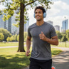 Man wearing grey sports t-shirt and blue headphones jogging in city park