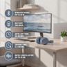 Blue wireless over-ear headphones with key features shown