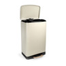 Cream rectangular pedal bin with open lid, black trim and soft-close mechanism