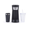 Black single-serve coffee maker with travel mug and clear tumbler, front view