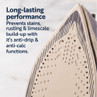 Iron soleplate with anti-drip and anti-calc functions, shown to highlight stain prevention.