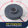 Grey 360-degree iron charging base on marble, shown for easy cordless ironing