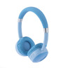 Wireless on-ear headphones in light blue with padded ear cups, side view