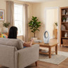 White bladeless fan on coffee table in modern living room, operated by remote control