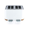 White four-slice toaster with wood accents, shown from the front with crumb trays extended