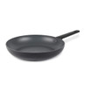 Black non-stick frying pan with long handle, shown from above on white background
