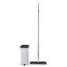 Blue and white flat mop and bucket cleaning set on white background