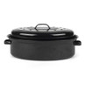 Black oval roasting pan with handles and matching lid, shown from the side.