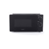Black compact microwave oven with manual dials, front view