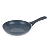 Blue non-stick frying pan with speckled finish and black handle