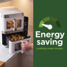 Salter white air fryer oven with drawer open and energy saving message