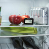 Fridge shelf with apples, celery, yoghurt, cans, and digital fridge thermometer reading 4.8°C