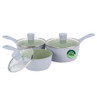 Three piece pale blue saucepan set with green non-stick interiors and PFAS free label
