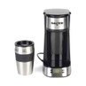 Salter single-serve coffee maker in black and silver with travel mug