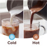 Split image showing cold iced drink with milk and hot chocolate being poured into cups.