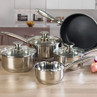 Set of four silver stainless steel saucepans with lids and non-stick frying pan on kitchen worktop