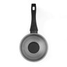 Grey non-stick saucepan with glass lid, top view, black handle