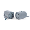 Pair of blue portable wireless speakers, side by side, shown from base with fabric strap
