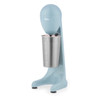 Blue milkshake maker with stainless steel mixing cup on white background