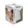 Box packaging for Salter Toronto Rapid Boil Kettle with matt white finish and wood effect accents.