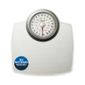 White mechanical bathroom scale with large dial and 'No batteries needed' badge