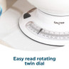 Close-up of white Salter kitchen scale with easy-read rotating twin dial