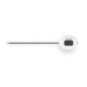 White digital kitchen thermometer with metal probe, displaying temperature on screen
