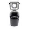 Black bread maker with lid open, showing control panel and inner baking chamber